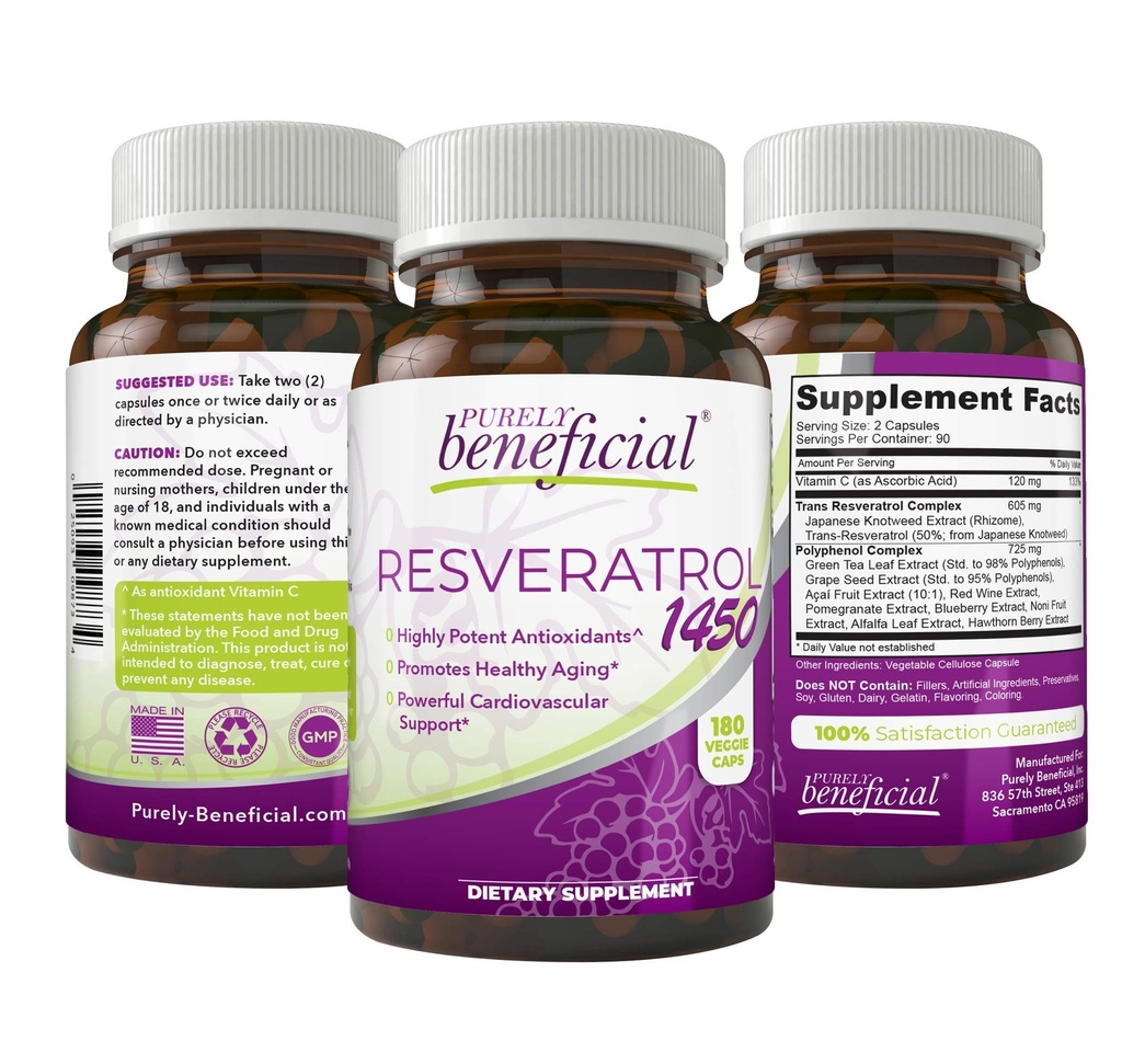Bezwzględnie korzystne RESVERATROL1450- 90dni dostaw, 1450mg na serwowanie mocnych przeciwutleniaczy i trans- resweratrol, Promotes Anti- Aging, Wsparcie sercowo-naczyniowe, Maksymalne korzyści (1 butelka)