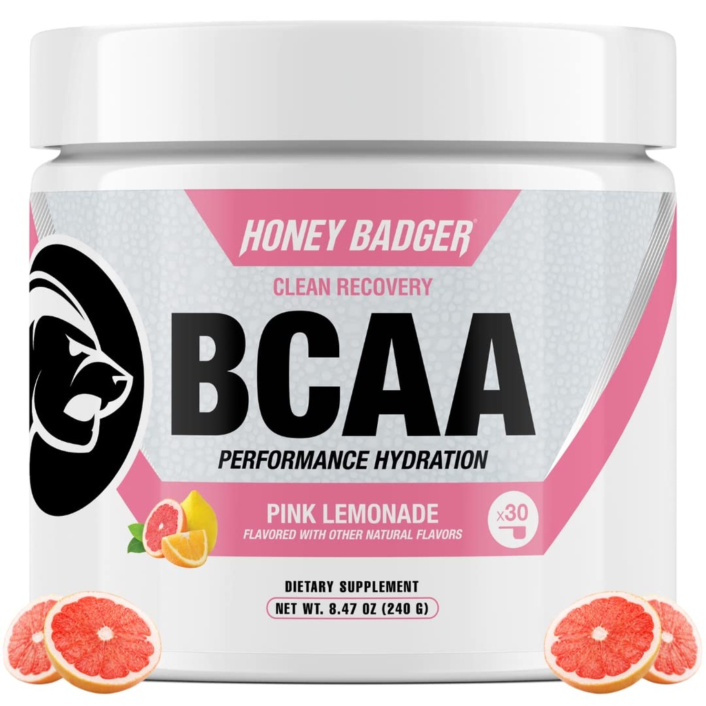 Miód Borsuk BCAA + EAA Acids Powder, BCAA + L- Glutamina, Keto, Wegan, Cukier wolny dla mężczyzn i kobiet, Hydration & Post Workout Napoje do odzyskiwania mięśni, Różowa Lemoniada, 30 Służenie