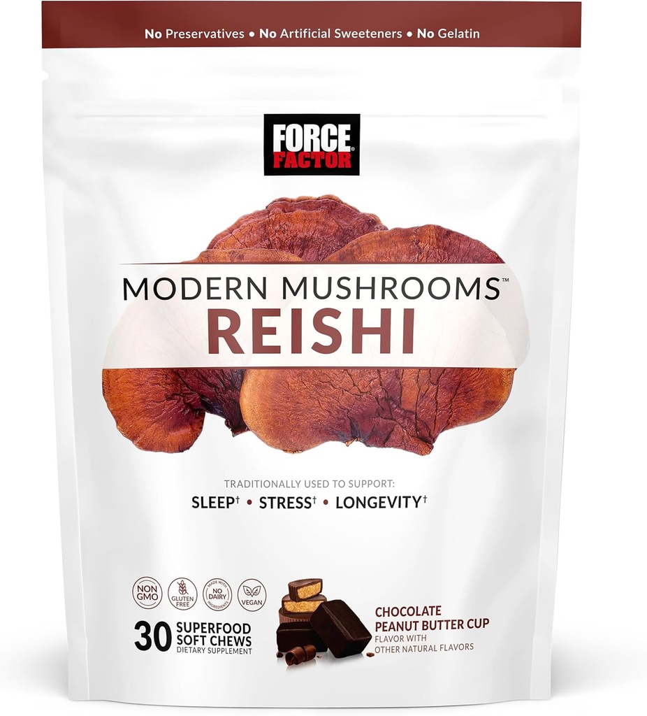 Force FACTOR Nowoczesne grzyby miękkie Chews, Reishi Mushroom Suplement do wsparcia snu, Stress Relief, & długowieczność, Suplement przeciwutleniaczy, Pyszne czekoladowe masło orzechowe Flavor Puchar, 30 Soft Chews