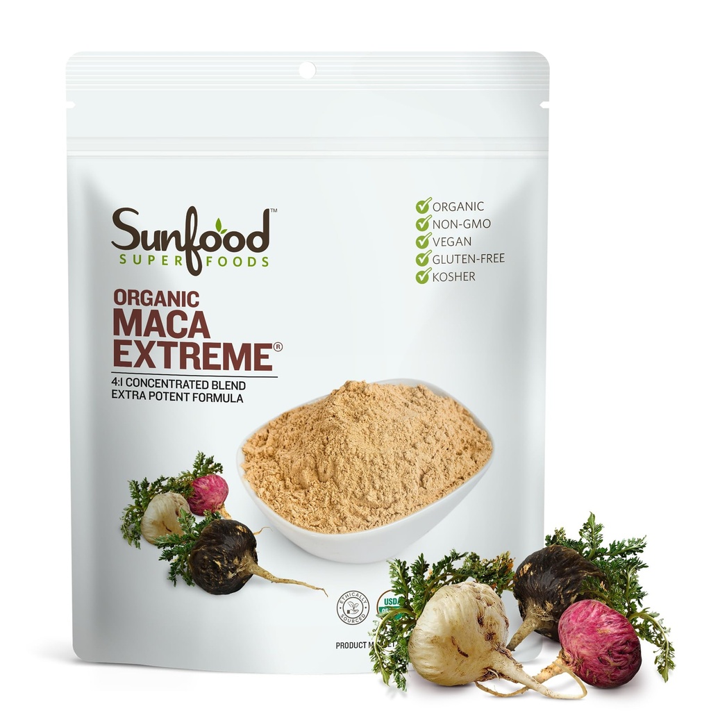 Sunfood Organic Maca Extreme - Maca Root Powder, Maca Powder Organic, Maca Supplement for Men & Women with Adaptogens, Peruwiański, Surowy, Wegan, Premium Maca Powder - 8 Oz Bag