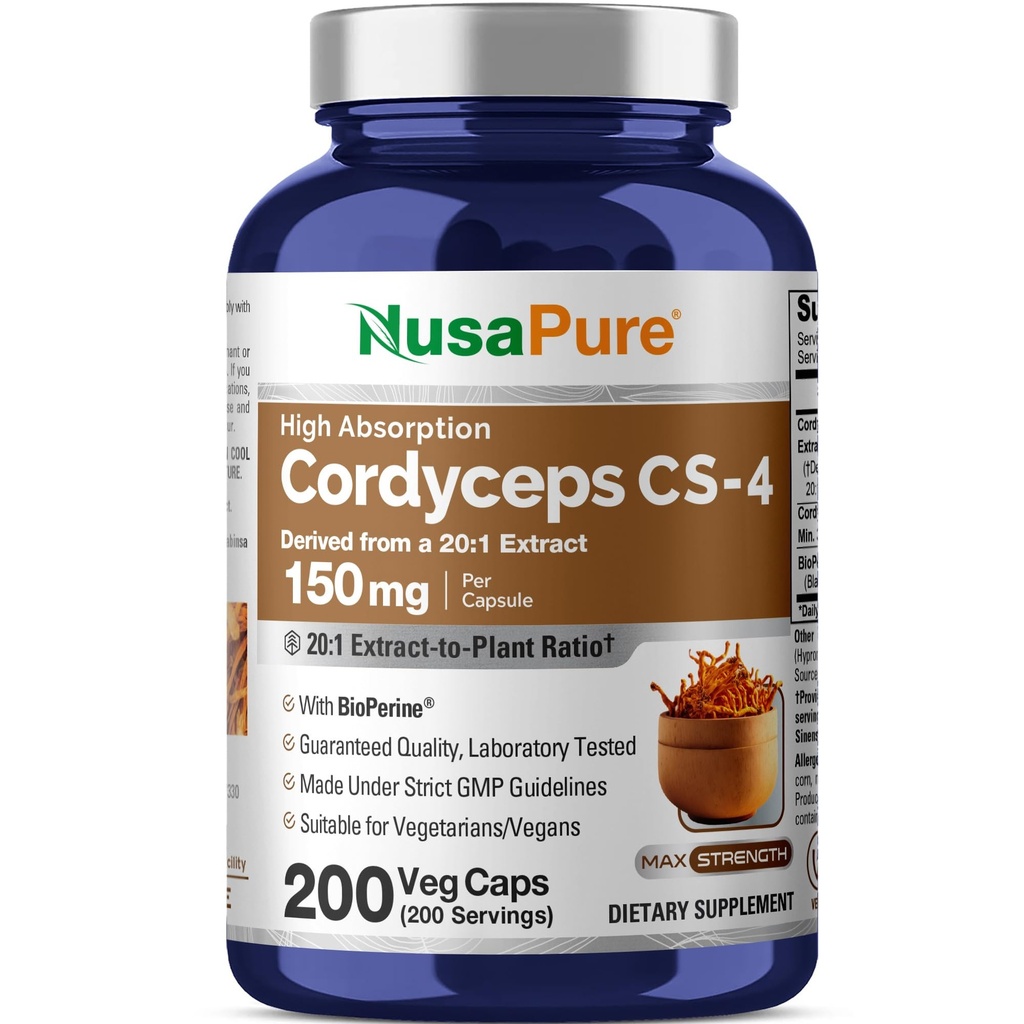 NusaPure Cordyceps 20: 1 Extract, 150 mg Ekwiwalent 3 000 mg 200 Kapsułek wegetariańskich (Sinensis CS- 4, Non-GMO, Vegan) Bioperine