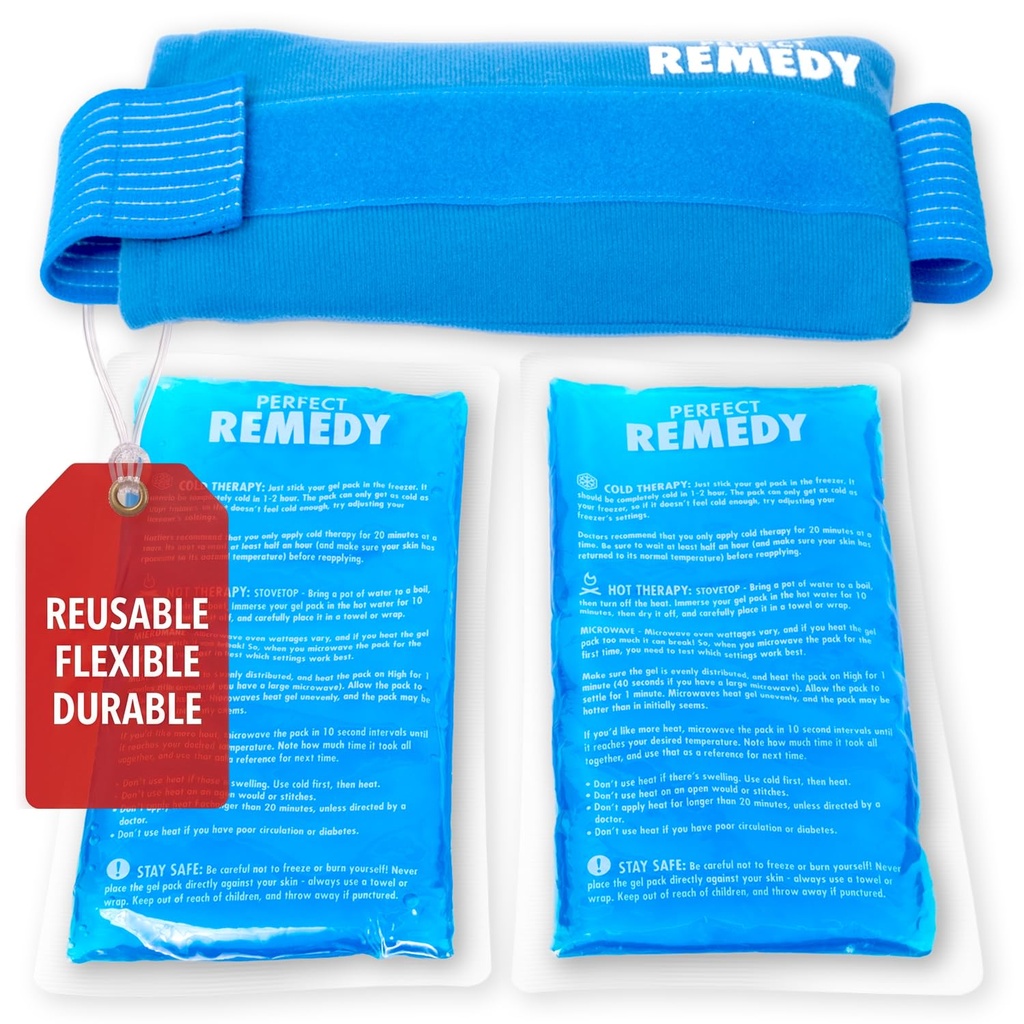 Perfect Remedy 2-Pack żelowe opakowania lodu dla urazów z pokrywą taśmową, elastyczny gorący zimny kompres, soothing miękkie opakowania lodu dla pomocy w warunkach urazu, Alternatywa do gorącej butelki wody (niebieski, regularny)