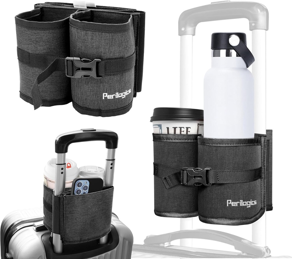 Perylogics Bagażnik Travel Cup Holder Drink Free Caddy for Suitcase Handle. Perfect Airplane Travel Essential Successory Gift for Frequent Traveler, Flight Attendant lub z dziećmi (Dark Gray)