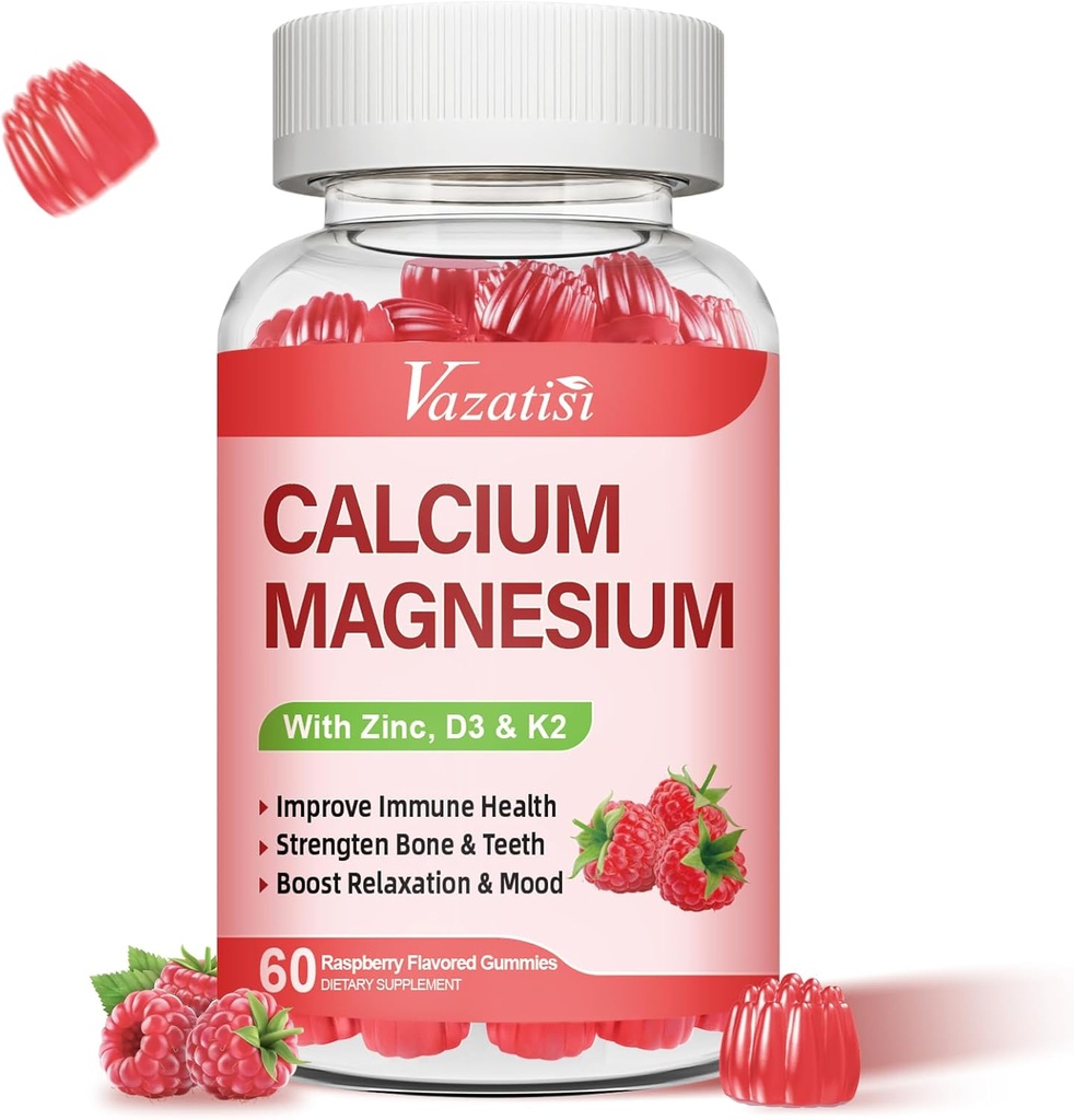 Magnezu wapnia Gummie cynku z witaminą D3 & K2, Wysoka absorpcja Magnezu Glicynian potasu do immunologicznego i spokojnego nastroju, Malina Flavor 60 Gummies