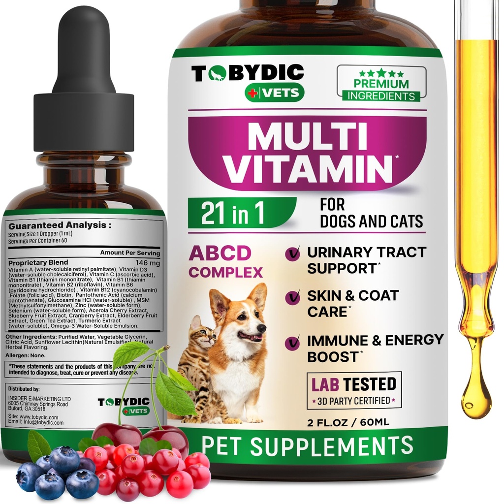 Kot & Pies Multivitamin 21 w 1 Pet Suplementy z żurawiny i glukozaminy - Natural Medicine & Support for UTI, Trakt moczowy, Bledder, Nerki, Skóra, Leczenie joints Made in USA