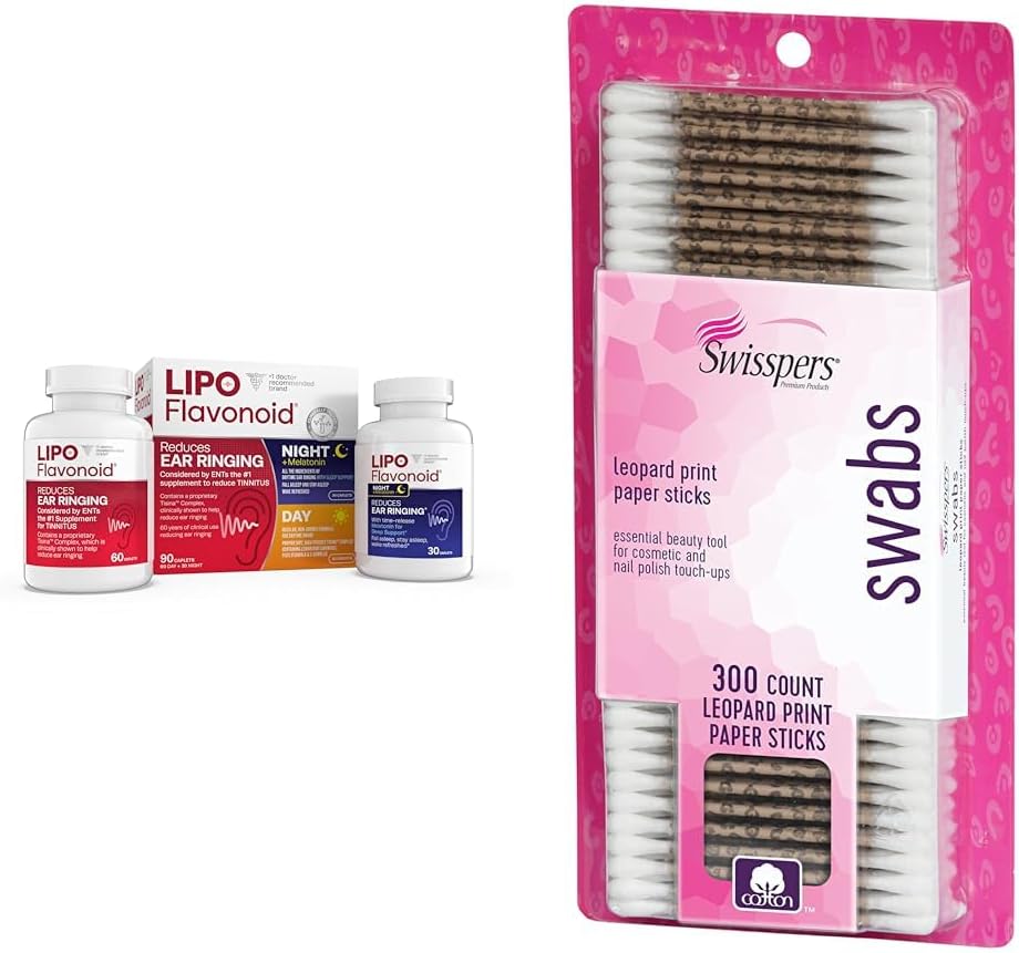 Lipo- Flavonoid Day & Night Tinnitus Relief Combo Zestaw z witamin, 90 Caplets & Swisspers Premium Cotton Swabs, 300 Hrabia