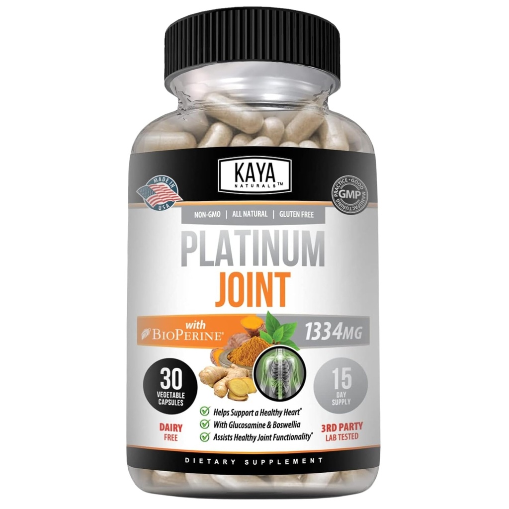 Kaya Naturals Platinum Mobilność Turmeric - Bioperine, Glukozamina, Turmeric z Boswellia, Zdrowe Naturalne Wsparcie Mobilności, Kurkumina Turmeric 1334mg - 30 Kapsułki