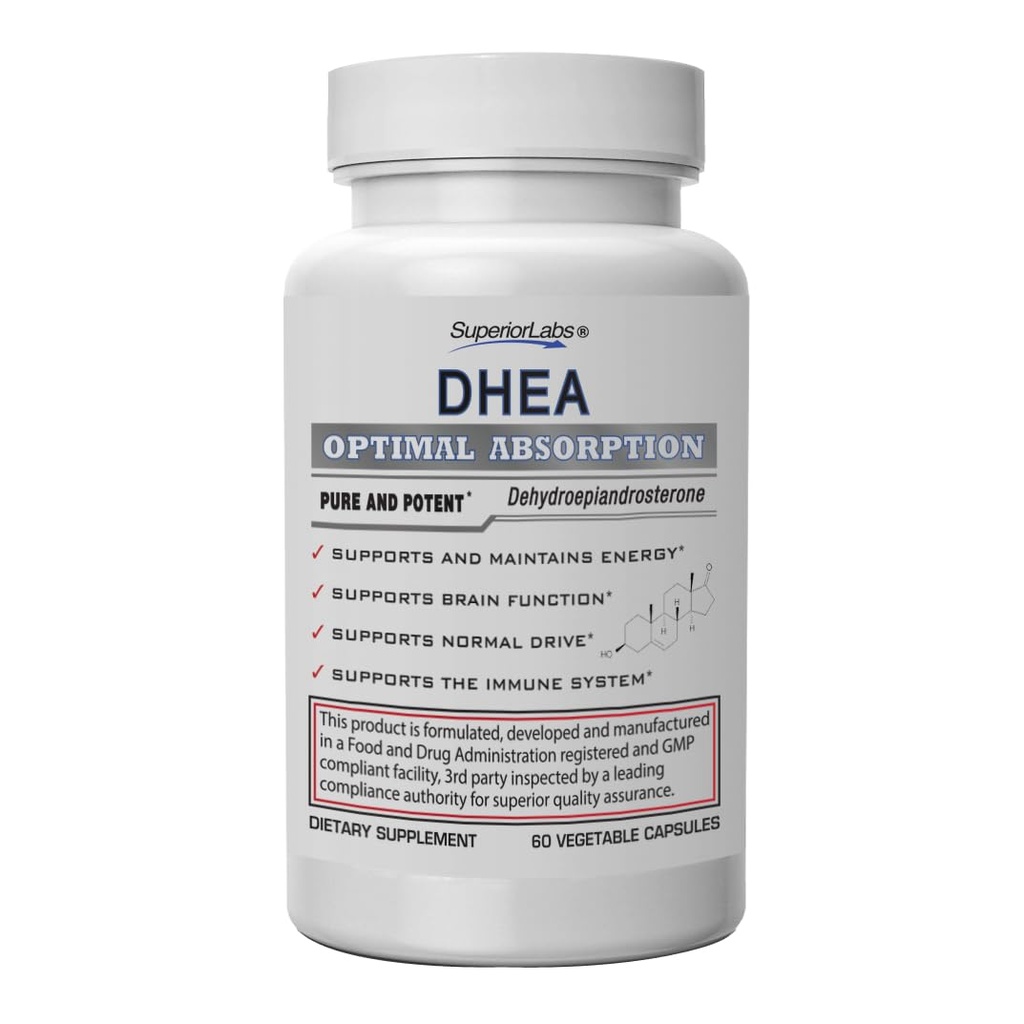 Superior Labs - Superior Strength Natural DHEA - Non-GMO 100 mg Dose, 60 Kapsułki roślinne - Promotes Healthy Aging in Men & Women - Pomaga Restores Młodzieńcze poziomy energii