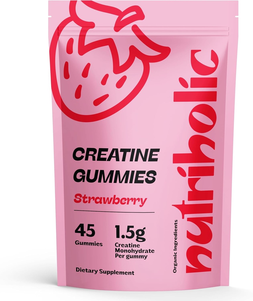 Jednowodziankowe gumki dla mężczyzn i kobiet - Łatwe do przetrawienia, wegan, gluteny-free, Non-GMO, 1,5 g kreatyny na gumę - 45ct (45 Hr, truskawka)