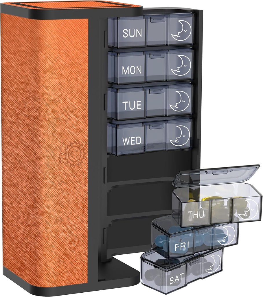 7- Day AM / PM Pill Organizator z Scratch- odporna na zarysowania przypadku skóry - Portable Weekly Travel Medicine Box z Detavable Daily Pods & Privacy Design (Bright Orange)