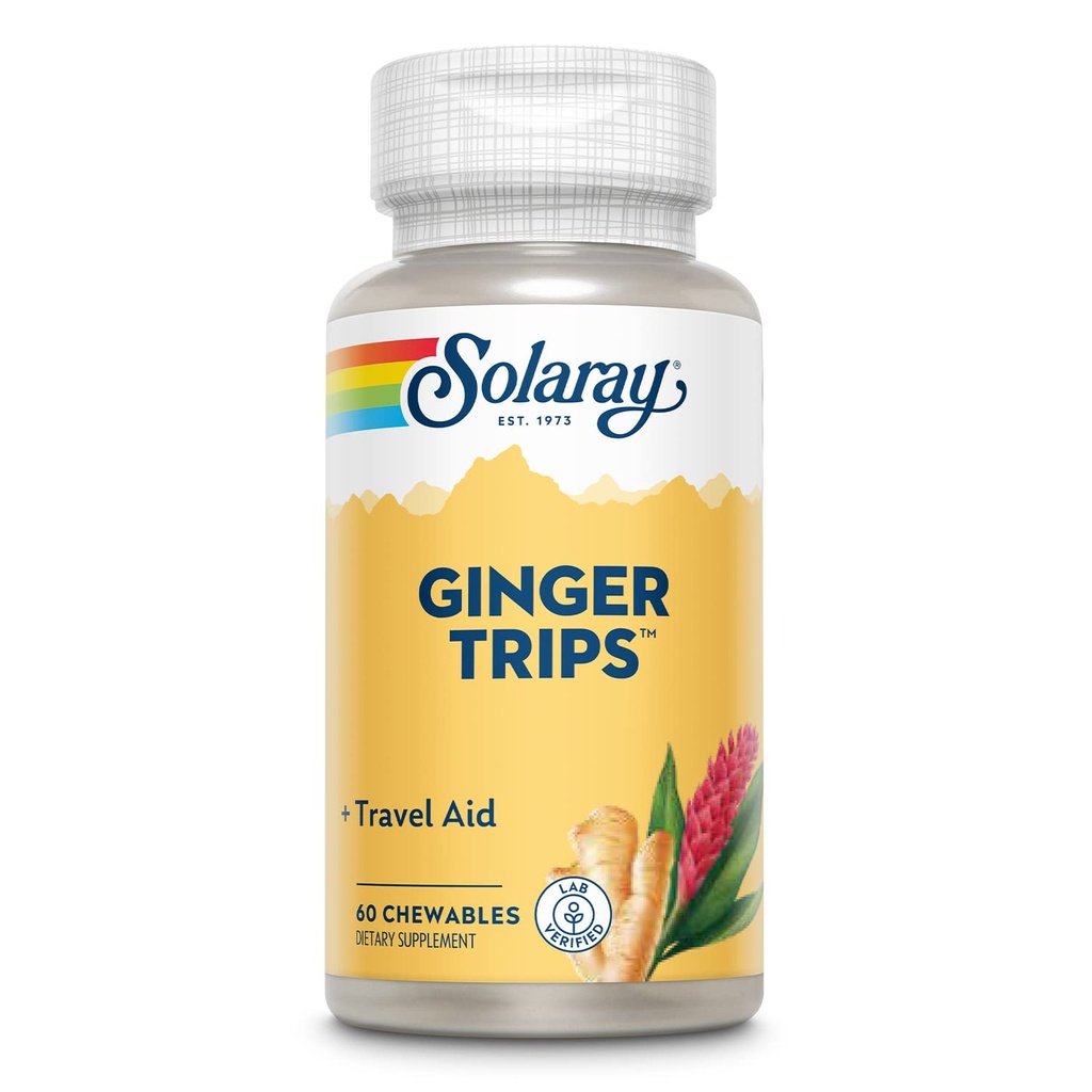 SOLARAY Ginger Trips Travel Assistance 124; Root Extract Description 124; Healthy Digestive Support w / Miód, Stewia & Molasses 124; 60 Chewables