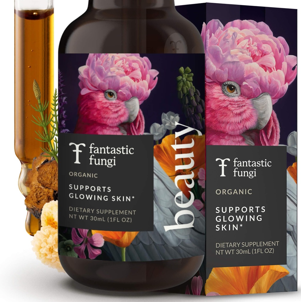 Fantastic Fungi Beauty Elixir z Tremella Mushroom Extract, Chaga Mushroom Extract, Horsetail & Acerola - Organic Drops for Healthy Hair, Skin & Nails - Stworzony w USA - 30 Sług, 1 fl oz