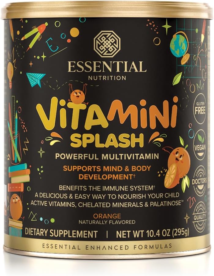 Essential Nutrition Vitamini Splash - Kids multivitamin Powder - Nutritional Support - 13 Active Vitamin & 6 Chelated Minerals, Prebiotic Fiber - Orange Flavor - (10.4 oz) - Vegan