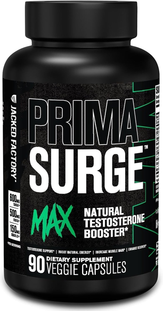 Jacked Factory Primasurge Max Testosteron Booster dla mężczyzn - Naturalny suplement testosteronu z Tongkat Ali, Fadogia Agrestis & Sensoril Ashwagandha - Test Booster dla masy mięśniowej - 90 Count