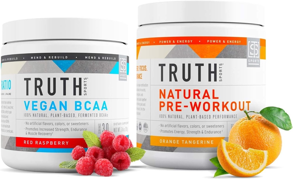 Truth Nutrition Natural Athlete Workout Stack - Naturalny trening wstępny (Pomarańczowa Tangerina) + Wegan BCAA (Czerwona Malina)