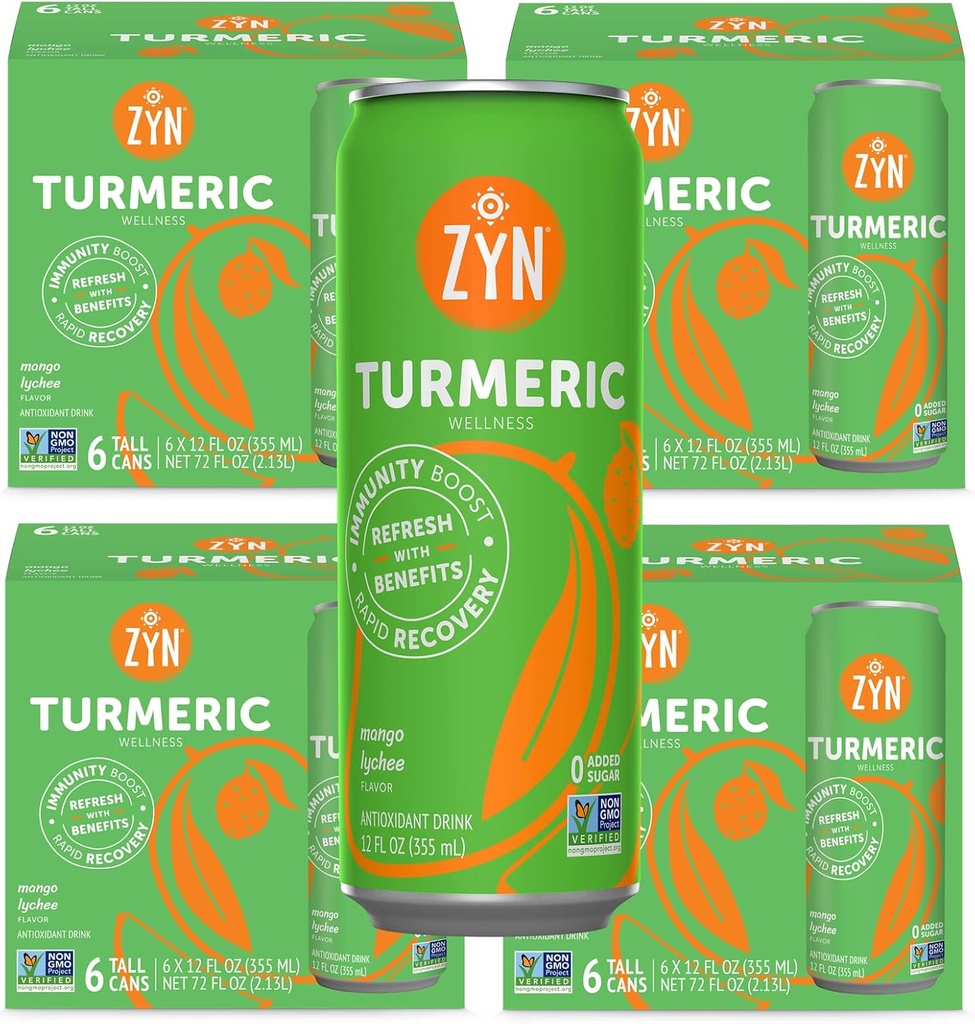 ZYN Turmeric Wellness Drink (24 Pack), Mango Lychee aromatyzowane kurkuminy kurkumina napój z czarnego pieprzu, Nie dodawany cukier, niskie węglowodany i niskokaloryczne napoje, Czysta alternatywa