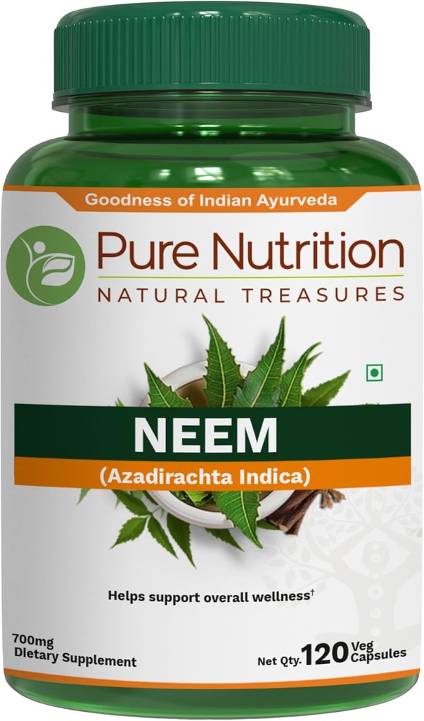Pure Nutrition Neem kapsułki 700mg. (odpowiednik 2600mg Neem Leaf Powder i Bark Powder) Nie GMO 124; Raz dziennie 124; 120 Days Supply.