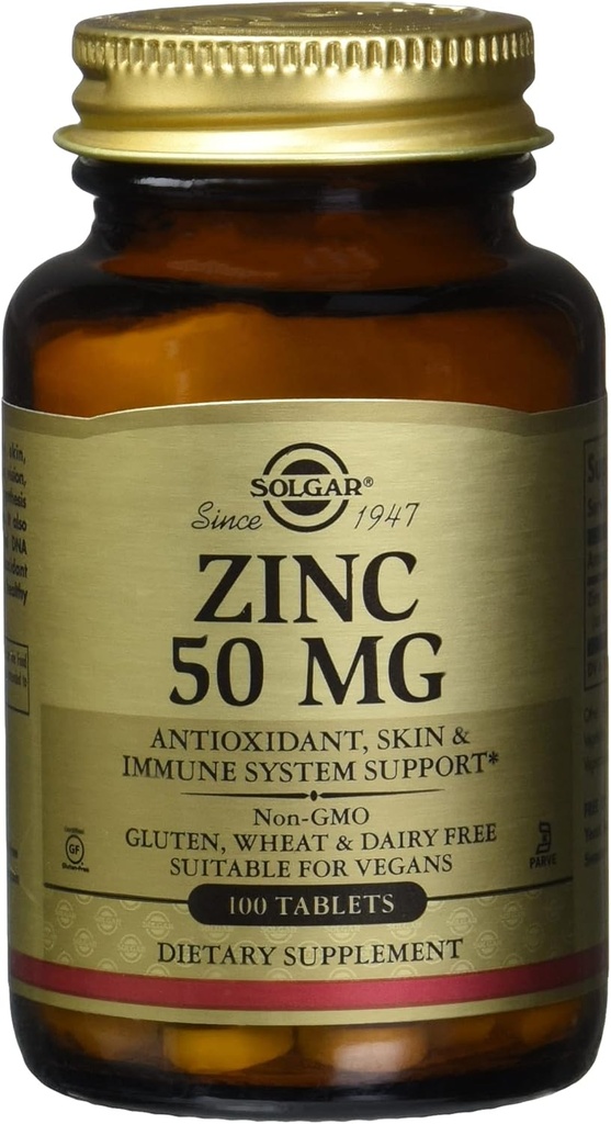 Solgar Cynk 50 Mg, 100 Tablets - Cynk do zdrowej skóry, System immunologiczny i przeciwutleniacz Wsparcie - 100 Służenia, 100 Liczenie (Opakowanie po 12)
