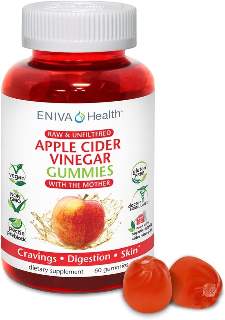 Eniva Health Apple Cider Vinegar Gourmet Gummy Vitamins 60 Ct USDA Organic ACV Vegan Gluten Free Non-GMO with The Mother B9 B12 Beetroot Pomegranate Energy Curb Crages Detox Cleanse Immunity