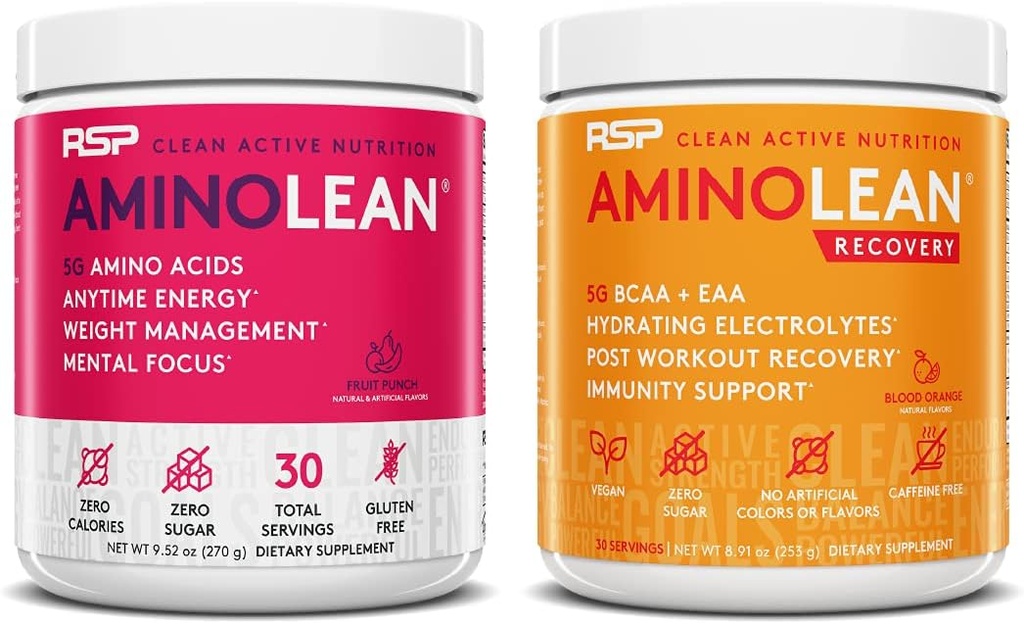 RSP NUTRITION AminoLean Pre Workout Energy (Fruit Punch 30 Servings) z AminoLean Recovery Post Workout Boost (Blood Orange 30 Servings)