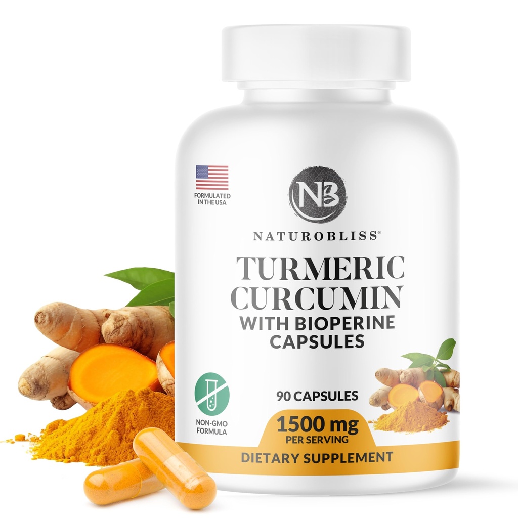 NaturoBliss Kurkumina Turmerowa z BioPerine 1500mg - Non GMO - Gluten Free - 90 Kapsułki