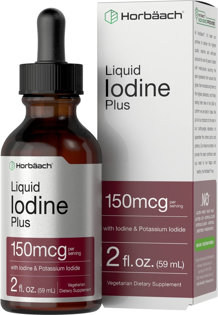 Horbäach Iodine Liquid Drops, 124; 2 fl oz, 124; 150 mcg, 124; Jodon i Jodek potasu Płynne nalewki 124; Wegetarianin, Non-GMO, Gluten