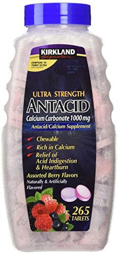 Kirkland Signature Ultra Signature Antacid Karbonian wapnia 1000 MG Asortowane aromaty jagodowe (265 tabletek)