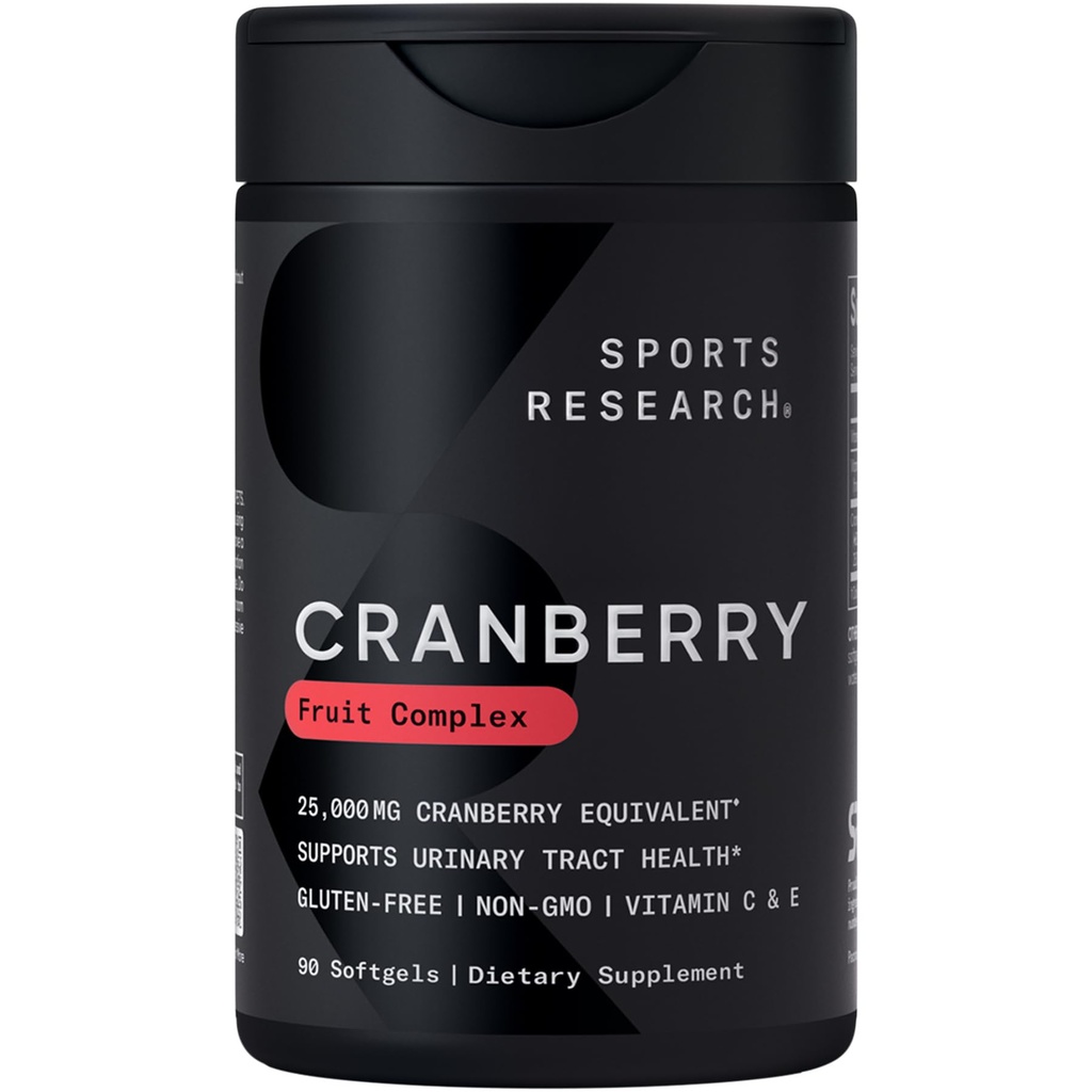 Sports Research Cranberry Fruit Complex Supplement - Softgels for Urnanal Tract Health Support - Równa 25,000 mg żurawiny, Made with Pacran & Vitamin C & E - Non-GMO & Gluten Free - 90 Count