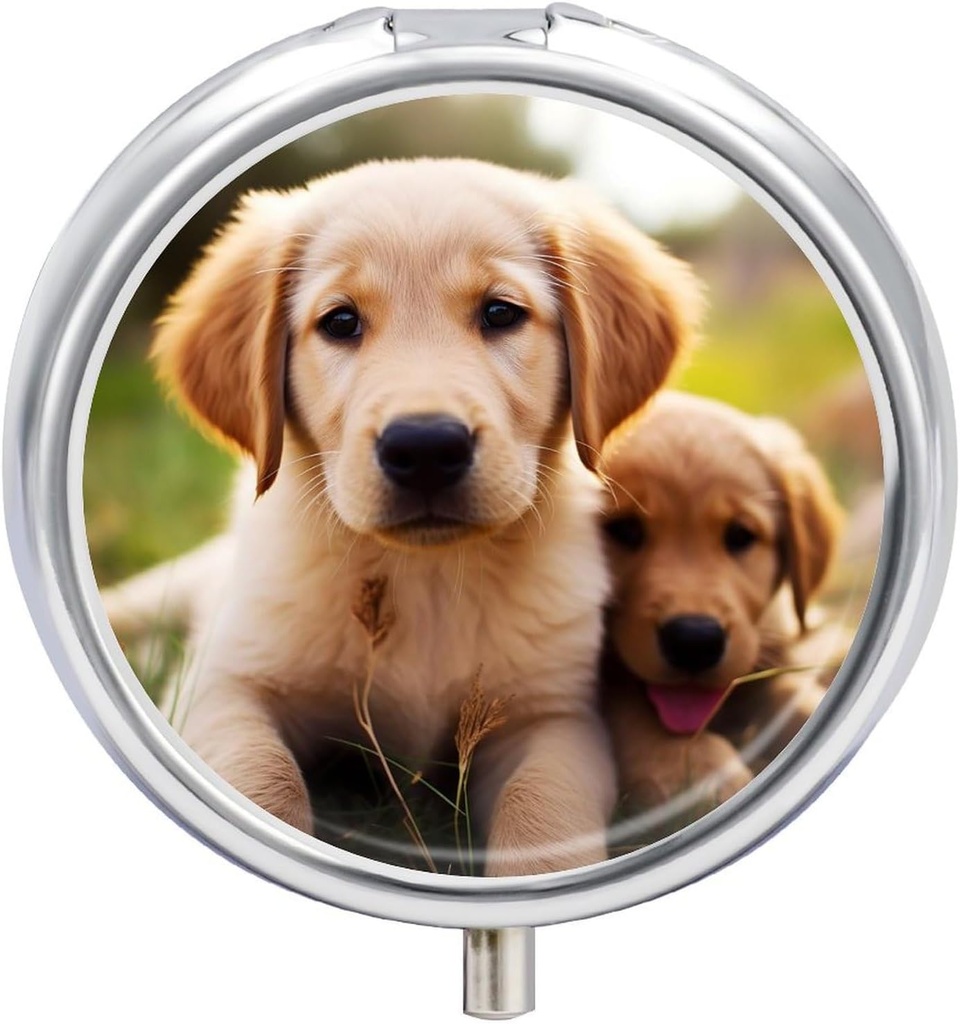 Pill Box 3 Okrągły Pill Organizator Codzienne małe pióro Case for Travel Cute Golden Retriever Puppy Metal Pill Container Portable Medicine Organizer for Pill Vitamins Fish Supplement