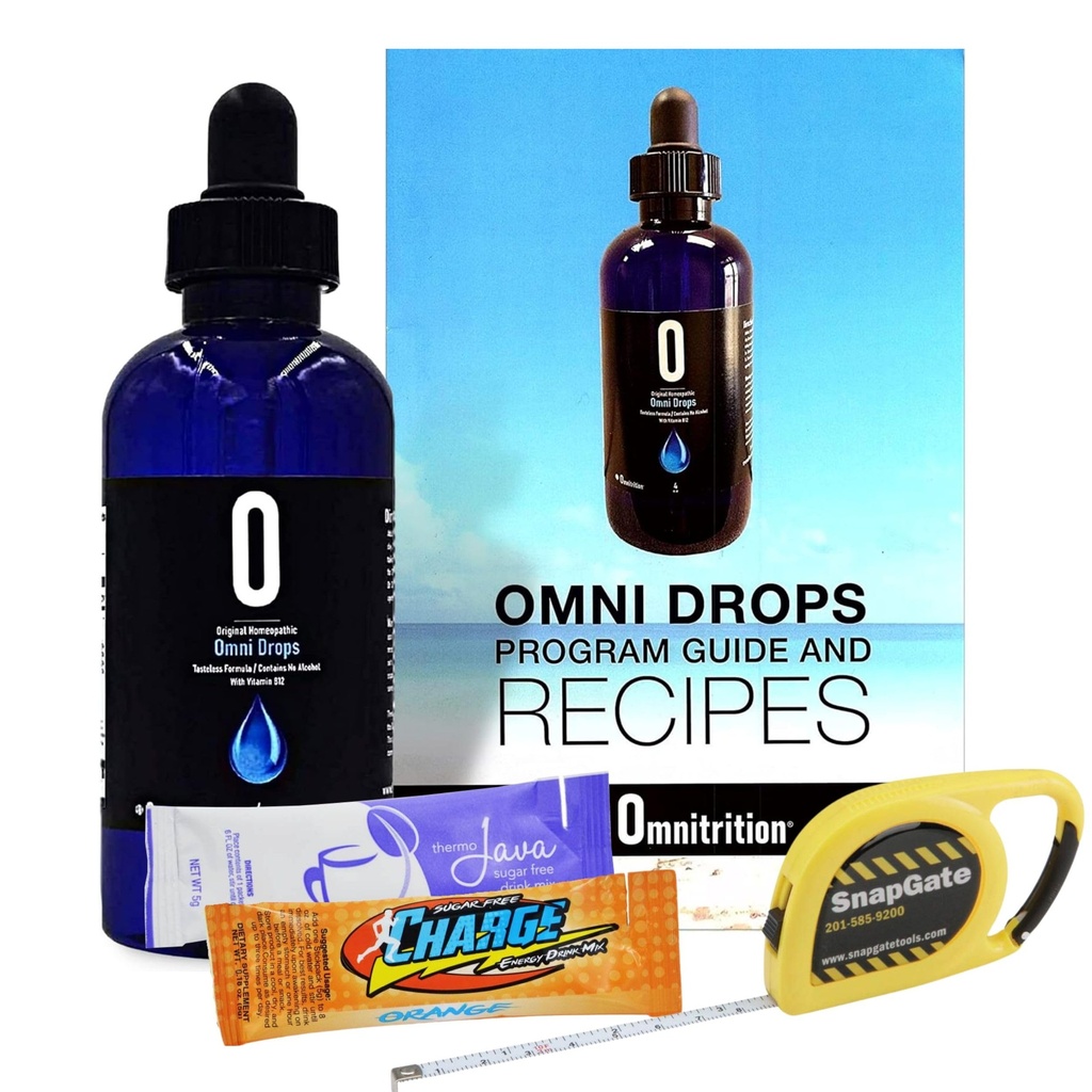 Omni Drop Program, Autentyczny Omnitrition - Basic Bundle Zawiera * * * 4 Oz Bottle Omni Drops z Witamina B12 Program Przewodnik, Próbki i snapgate 10 Ft. Carabiner Tape Measure