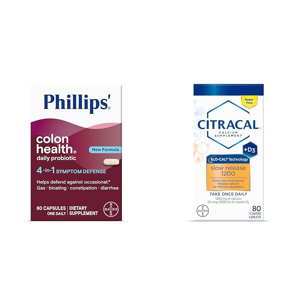 Phillips 'Colon Health Daily Probiotic kapsułki, 4- in-1 Symptom Defense & Citracal Slow Release 1200, 1200 mg Wapnia Citrate i Mieszanka Karbonatu Wapnia