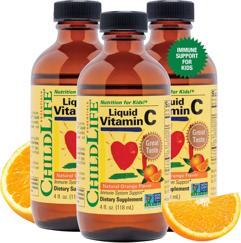 CHIDLIFE ESENTIALLE Płynna witamina C - Czysty suplement płynny witaminy C dla dzieci, Wsparcie układu immunologicznego, Wielki smak - Natural Orange, 4 Fl Oz (Pack of 3)