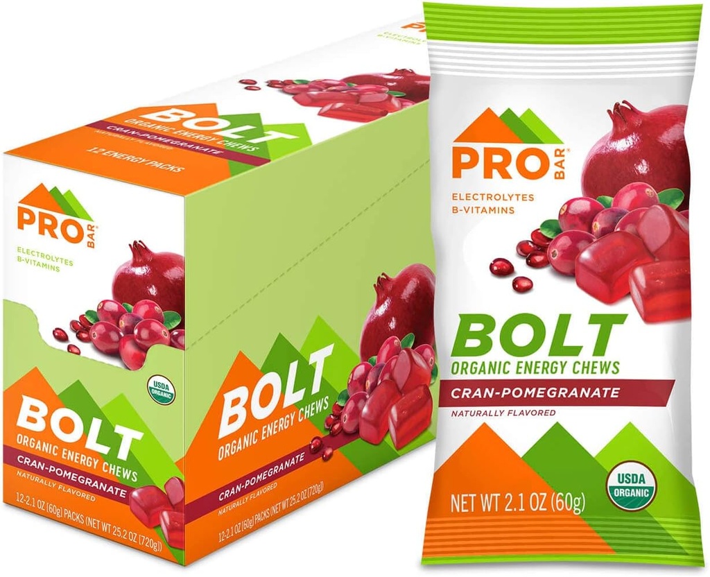 PROBAR - BOLT Organic Energy Chews, Pomegranat żurawinowy, Non-GMO, Gluten- Free, USDA Certified Organic, Zdrowy, Natural Energy, Gummies Fast Fuel z witamin B & C (12 Count)