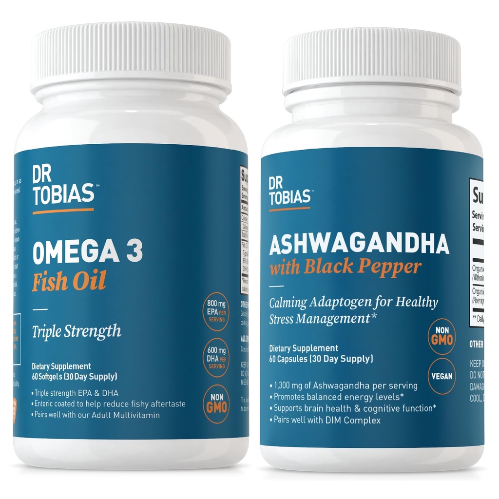 Dr Tobias Omega 3 Fish Oil i Ashwagandha Kapsułki, Wsparcie ogólne Wellness & Zrównoważona Energia & Resiligence, Non-GMO