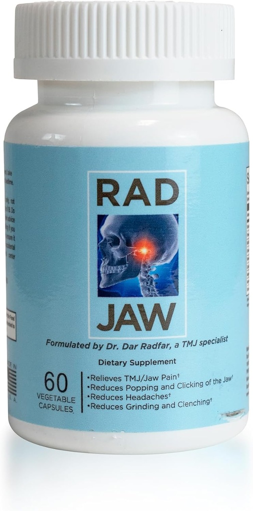 RAD JAW - Suplement do TMJ dla kobiet i mężczyzn, Relief oparty na odżywianiu TMJ, Wsparcie dyskomfortu żuchwy, Ból cel, Popping, Kliknięcie, Szlifowanie, Klaskanie (Bruksizm) & Inne objawy, 60 Kapsułki roślinne