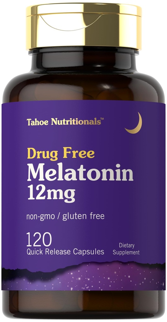Tahoe Nutritionals Melatonin 12 mg Xiv 124; 120 Quick Release kapsułki Xiv 124; Drug Free Supplement Xiv 124; Non-GMO, Gluten Free