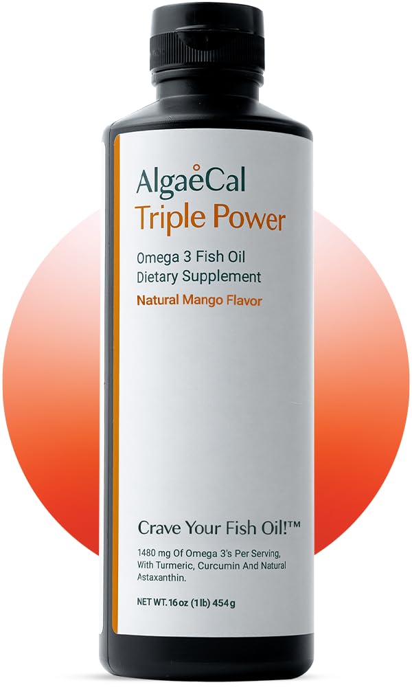 ALGAECAL Triple Power 1200mg EPA & DHA Omega 3 Suplement oleju do ryb, Pomocniczy mózg, Serce, Skóra i kości, Płynna Emulsja Mango Smak, Burp- Mniej, Cukier - wolne, Made in USA
