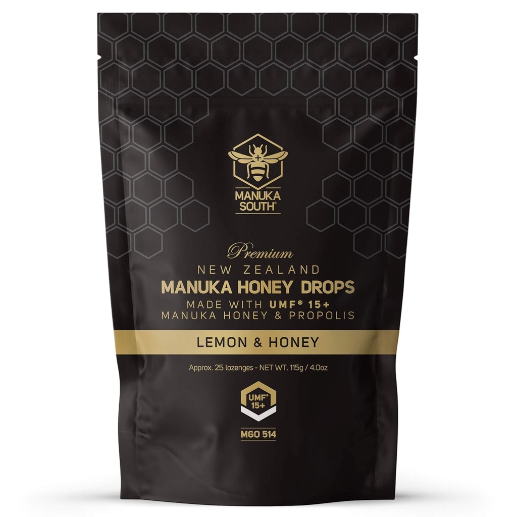 Manuka Honey Drops UMF 15 + / MGO 514 + & Propolis Drops Made in New Zealand - Natural Ingredients - Soothing Drops - Lemon & Honey Flavor - 25 Drops