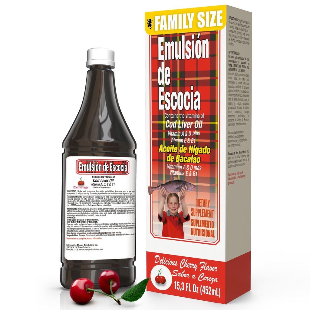 Emulsión de Escoccia with Cod Liver Oil - Cherry Flavor - Vitamins A, D, E & B1 for Immune and Liver Supplement - Liquid Supplement for Kids - 15.3 Fl Oz Between 124; 1- Pack