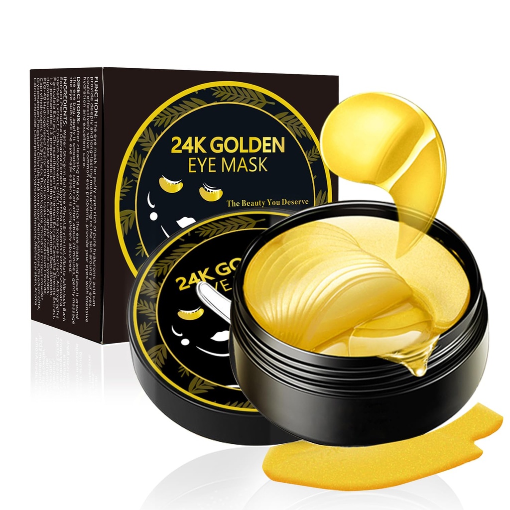 Pod plasterkami oczu, 24K złotej maski oczu, 60PCS pod maską oczu, Kolagen żel Pats Patch zabiegi dla błyszczące zmarszczki Puffy Oczy Ciemne Circles Anti-Aging Moisturizing, cienkie linie torby oko kobiety