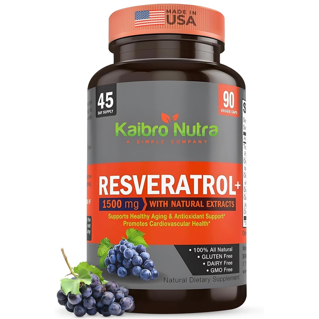 Kaibro Nutra Resveratrol Suplement, 1500mg Extra Siła Trans Resveratrol, Quercetin z japońskich ekstrakty Knotweed, Anti-Aging, Promieniowa skóra i wsparcie odporności, Vegan & Non-GMO, 90 Kapsułki