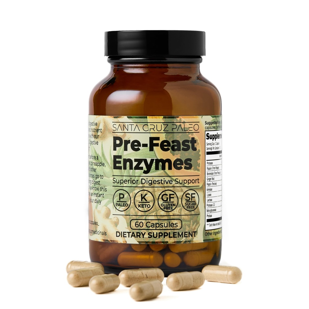 Santa Cruz Paleo Pre- Feast Digestive Enzymy dla kobiet i mężczyzn, Fiber Supplement for Gut Health & Digestive Health, Gluten Free, Keto, Sugar Free, Paleo, z Bromelain, Ginger Root, 60 Kapsułki