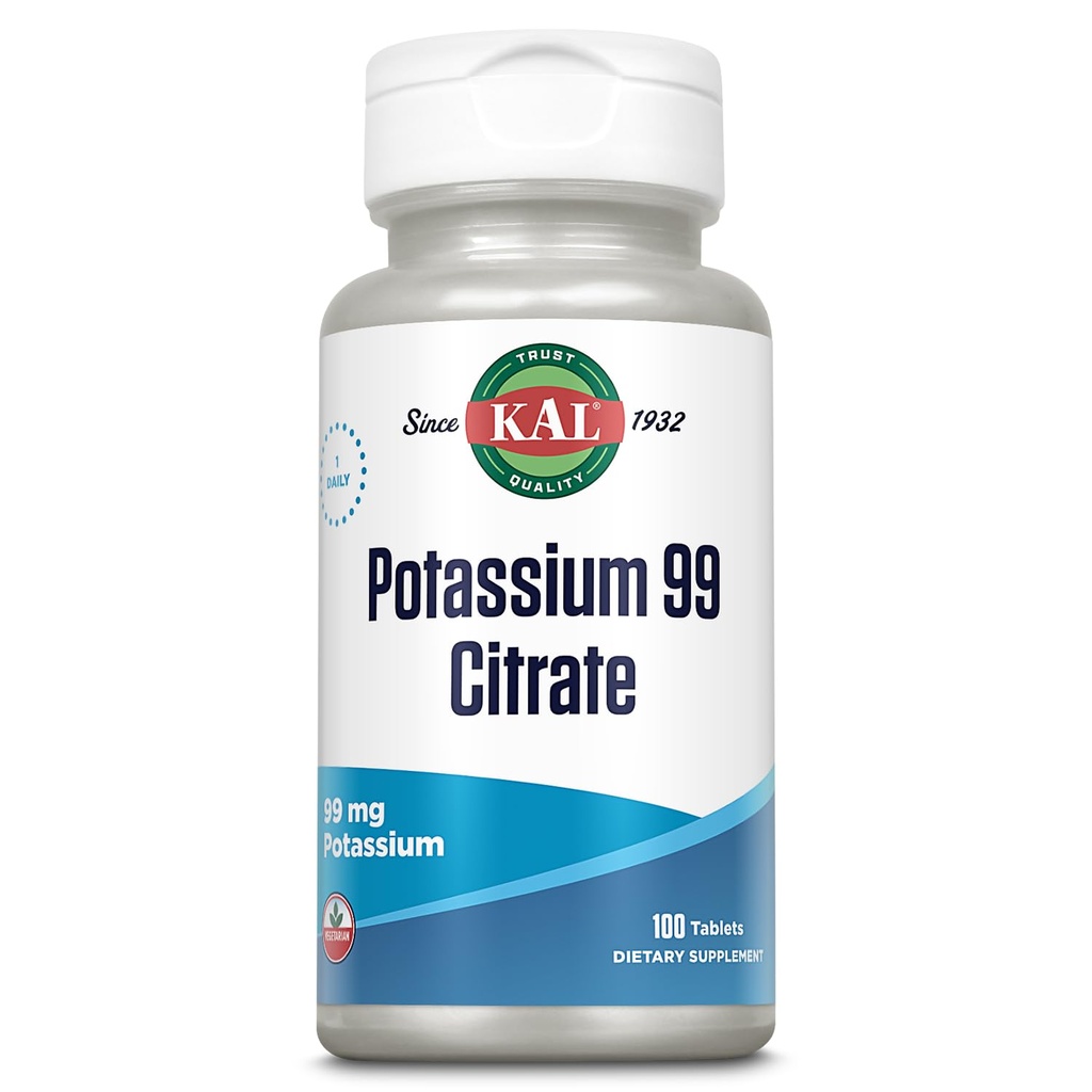 KAL Cytrynian potasu 99mg, Płyn i równowagi elektrolitowej, Suplement potasu dla mięśni, Nerwy i Heart Health Support, Wegetarianin, Zwiększona absorpcja, 60- Day Guarantee, 100 Serv, 100 Tabletki