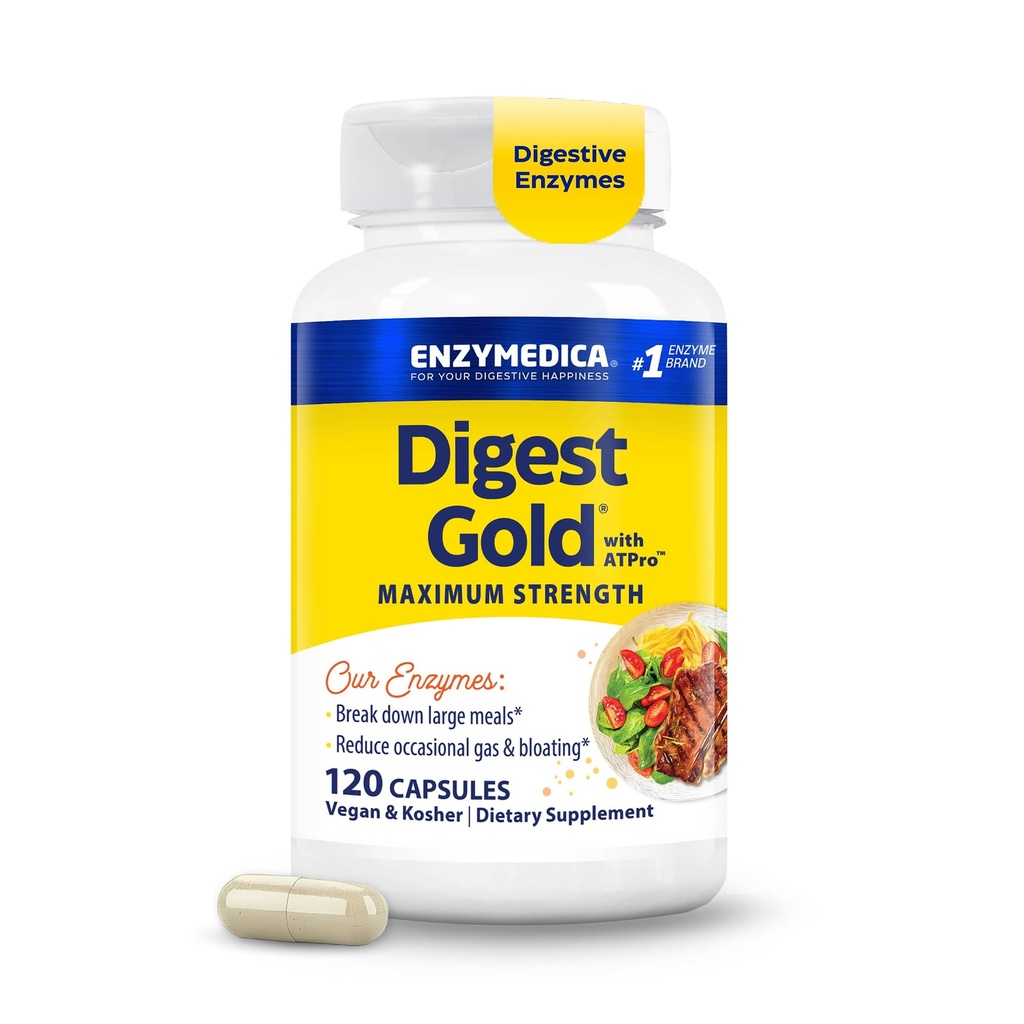 Enzymedica Digest Gold + ATPro, Maximum Strength Digestive Enzymes, Pomaga Digest dużych posiłków, dla gazu i wzdęcia, 120 Kapsułki