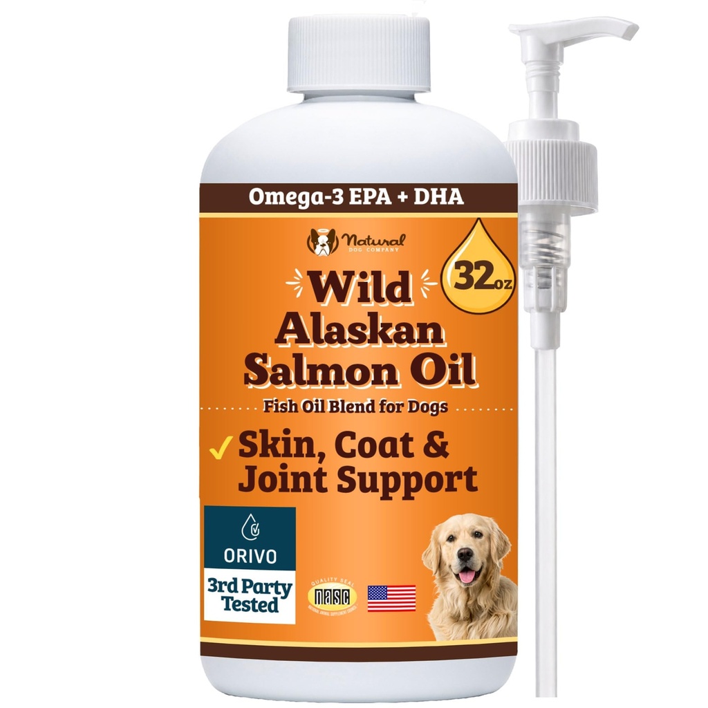 Natural Dog Company Wild Alaskan Salmon Oil Formula z Omega 3, Olej rybny do suplementu psów, skóry & Coat Dog Oil, Itchy Relief, Immune Support for Joints & Heart, Food Topper, 32 oz
