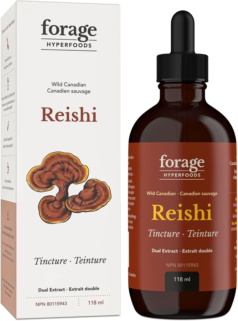 Forage Hyperfood- Original Canadian Wild Reishi Mushroom Superfood Liquid Supplement Extract Tincture, Vegan, Non-GMO, Poprawia system immunologiczny i odpowiedź na stres, Natural Calm, 118ML