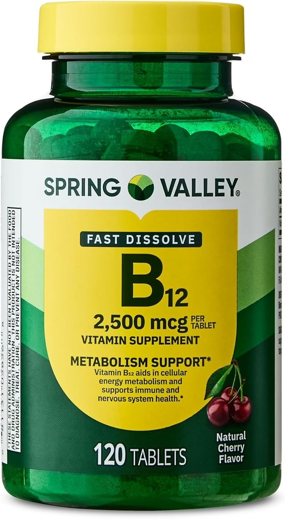 Wiosenna Dolina, Witamina B12 2500 MCG, B12 Quick- Rozpuścić tabletki Cherry Flavor Suplement diety, Witamina B12, 120 Count - Nowy wygląd (Opakowanie 1)