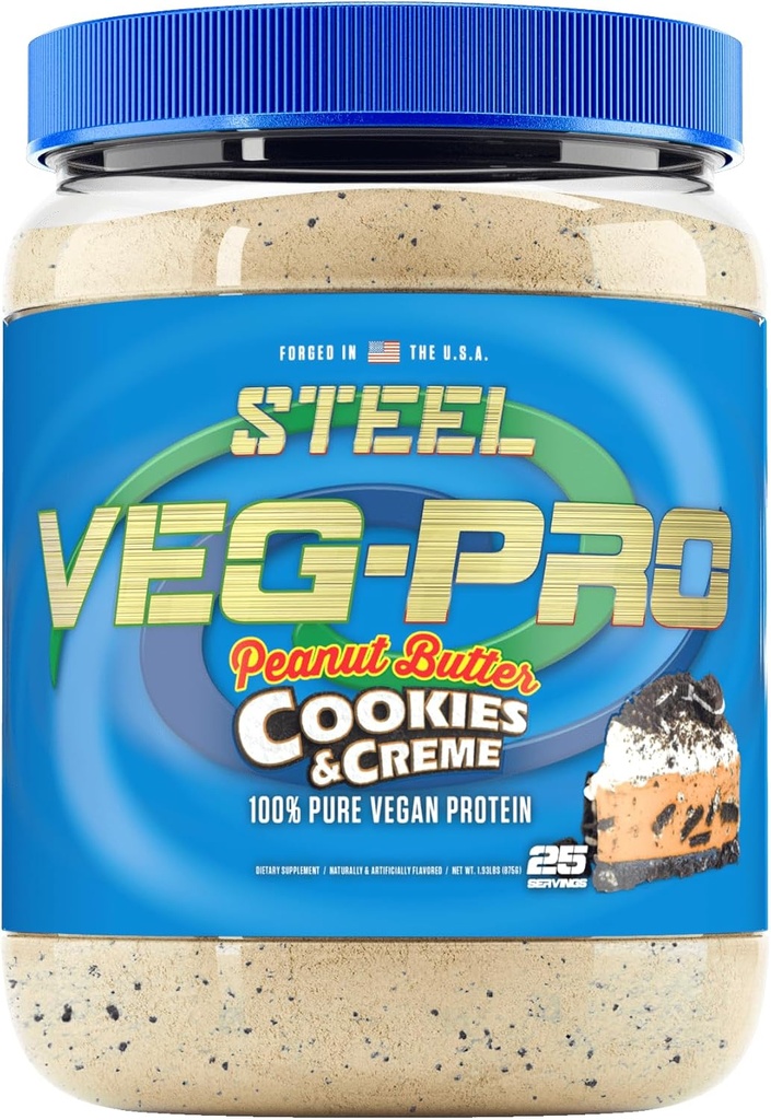 Supplements Steel Veg- PRO XI124; Vegan Protein Powder, Peanut Butter Cookies & Creme XI124; 25 Serings (1.93lbs) XI124; Vegan Protein Powder with BCAA Amino Acid XI124; Non Dairy Baseball 124; Low Carb Formula