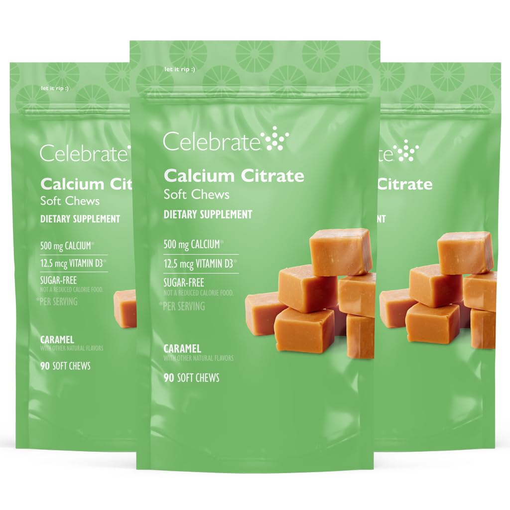 Świętuj Witaminy Bariatryczne 500 mg Wapnia Cytrate Soft Chews z 500 IU Witamina D3 - Zasadnicze dla pacjentów Gastric Bypass & Bone Health - Cukier & Gluten Free, Karmel (270 Chews)