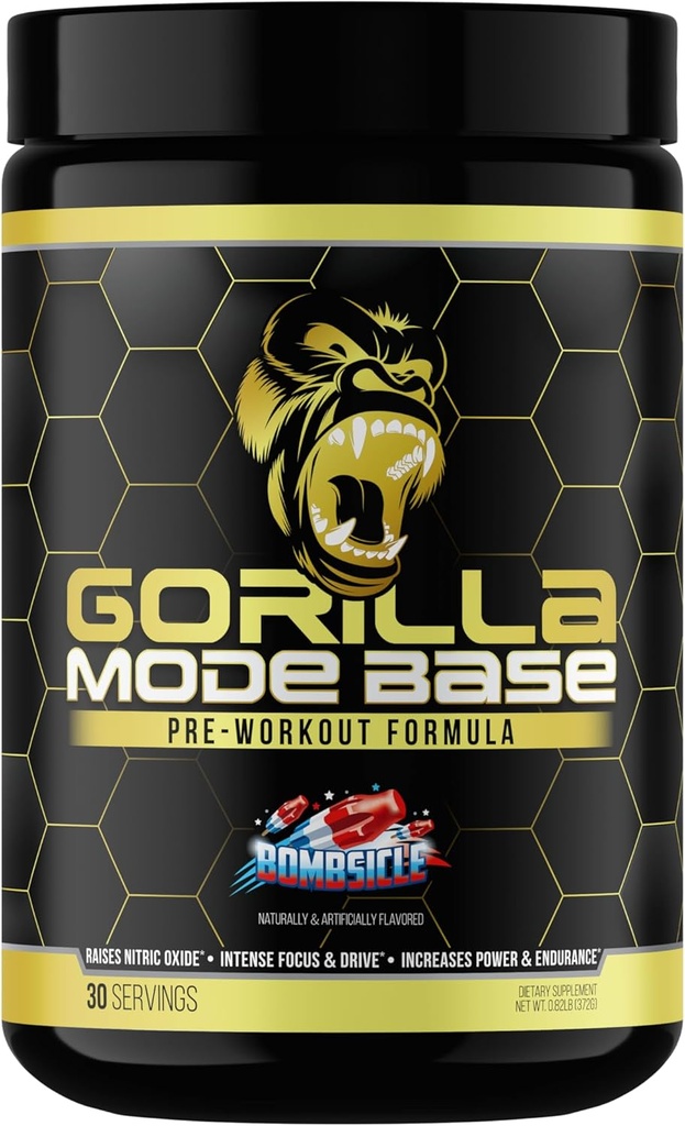 Gorilla Mind Base pre Workout - wychwytuje tlenek azotu intensywnie Focus & Drive Endurance Power - L- Citrulline, L- Tyrosine, Betaine, Alpha- GPC, Caepine, Huperzine A - 360 Grams (Bombsicle)